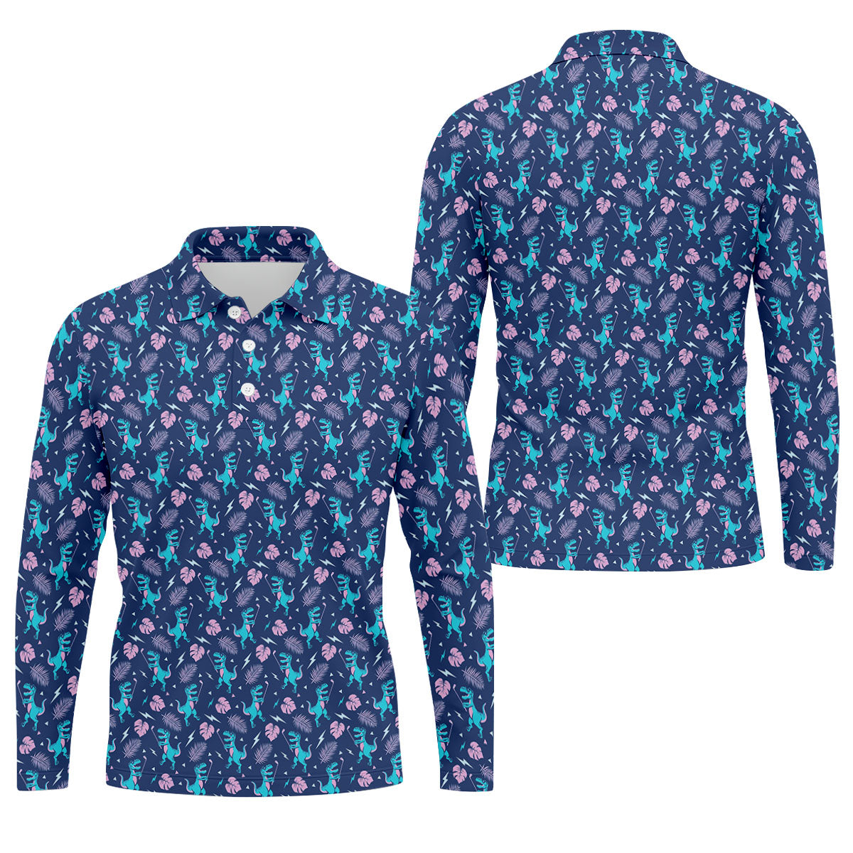 Funny Dinosaur Golfer Tropical Pattern Polo Shirt, Mens Golf Polo, Printed Golf Shirts