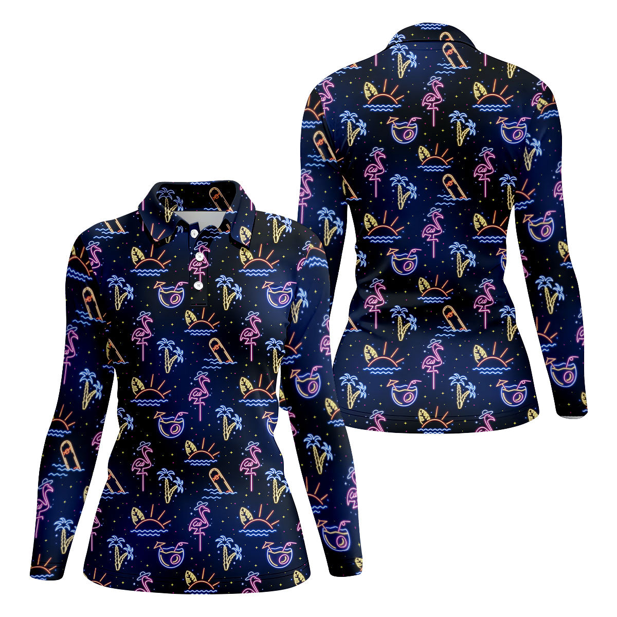 Neon Tropical Flamingo Sunset Cocktail Night Golf Polo, Hawaiian Golf Shirt, Ladies Golf Shirt