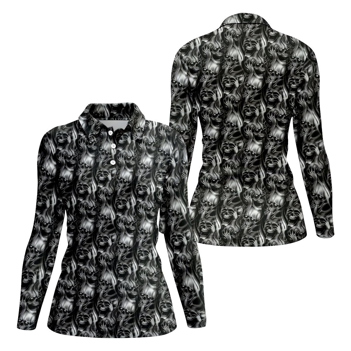 Dark Grim Reaper Skull Pattern Golf Polo Shirt, Women's Golf Polo, Ladies Golf Tops
