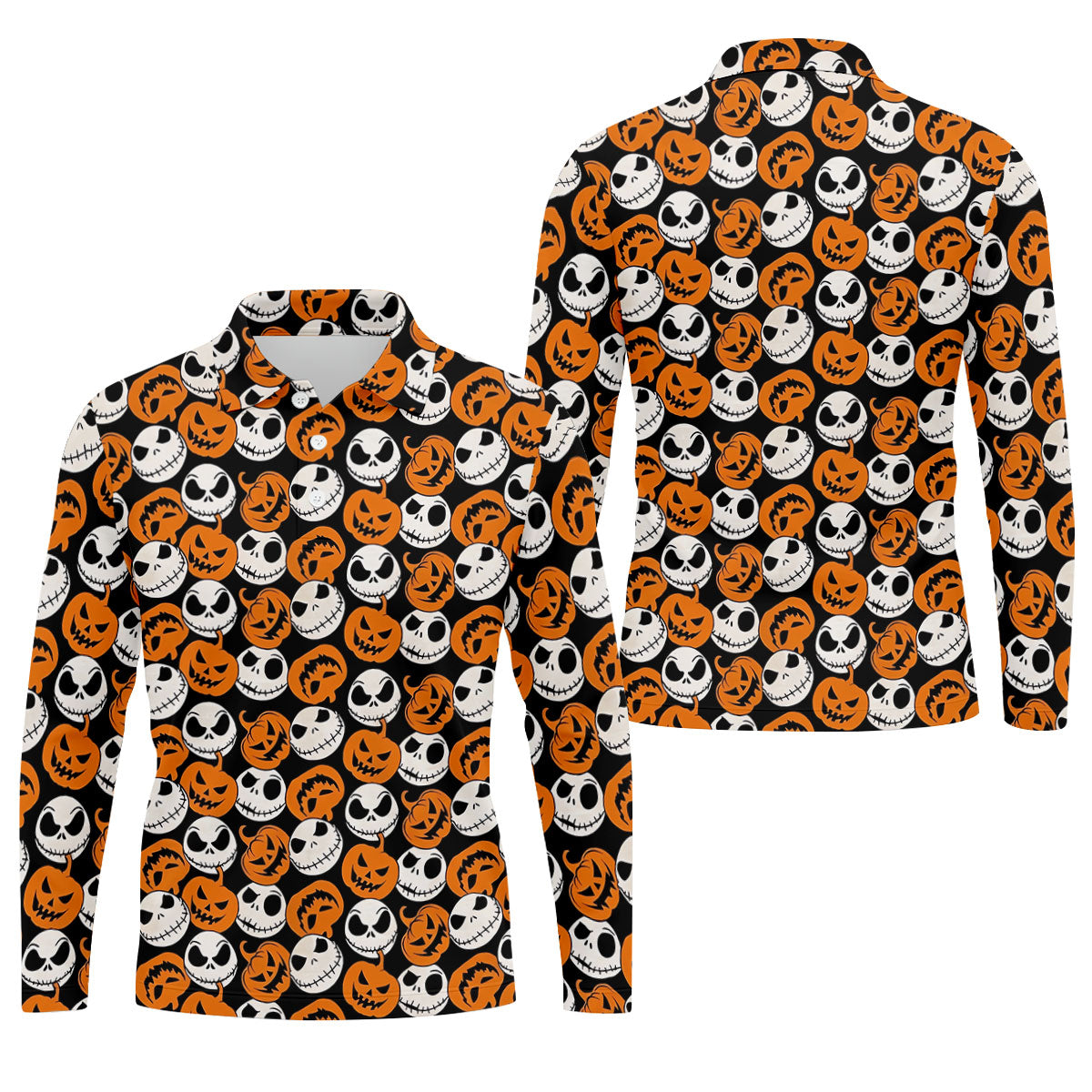 Halloween Skull Pumpkin Pattern Golf Polo Shirt, Men's Golf Shirt, Hawaiian Golf Shirt