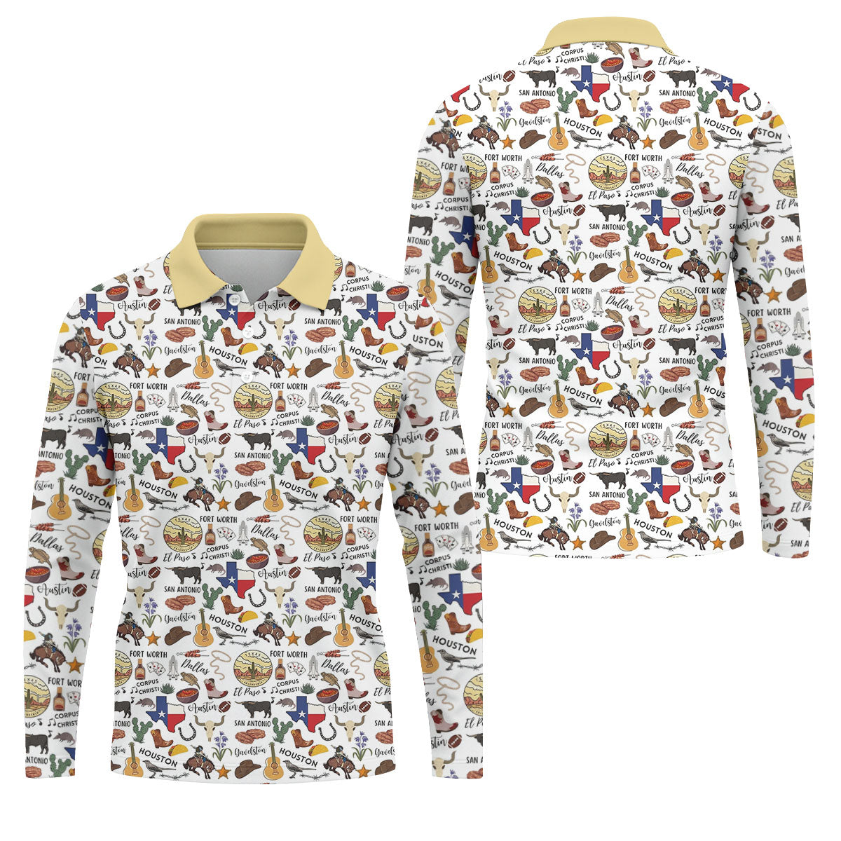 Texas Symbols Western Theme Doodle Style Golf Tops For Men, Polo Shirts For Men, Golf Shirts For Men