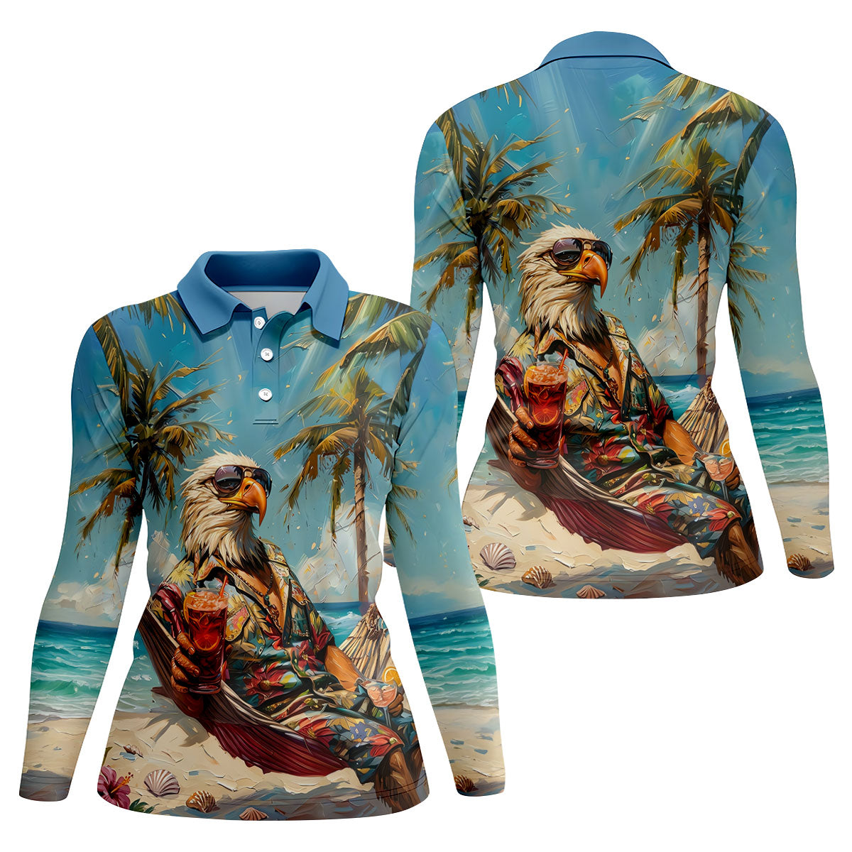 Cool Bald Eagle Tropical Vacation Hawaiian Golf Shirt, Vibrant Color Golf Shirt For Women
