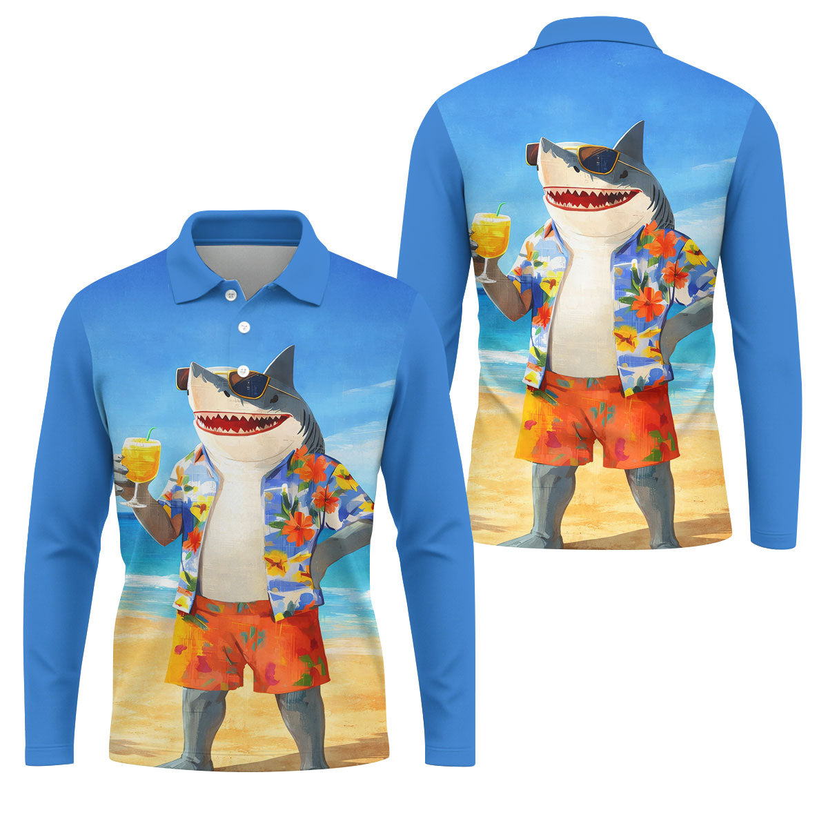 Funny Shark On Tropical Beach Vacation Golf Polo Shirt, Golf Shirts For Men, Hawaiian Golf Shirt