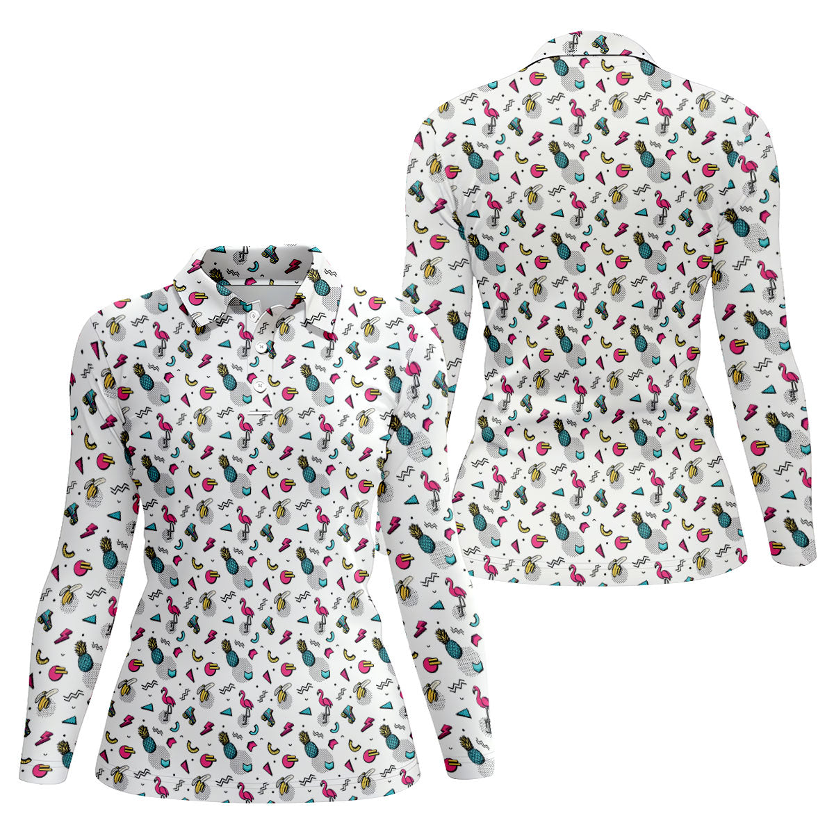 White Retro Summer Flamingo Pattern Golf Polo Shirt, Golf Shirts For Women, Women's Golf Polo