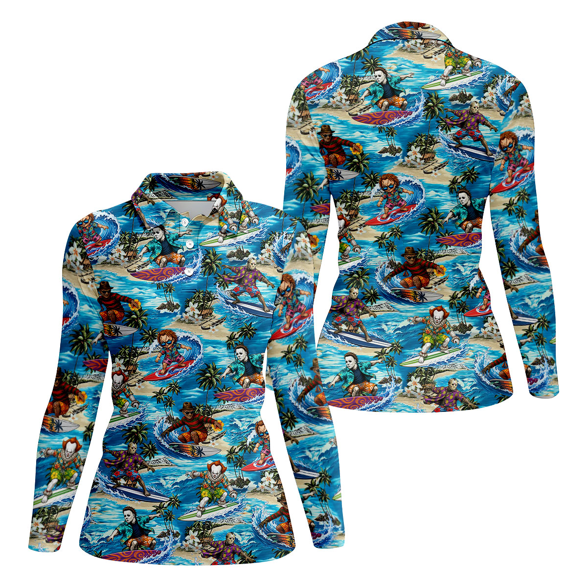 Horror Surfing Hawaiian Golf Shirt, Tropical Golf Tops, Golf Shirts For Women