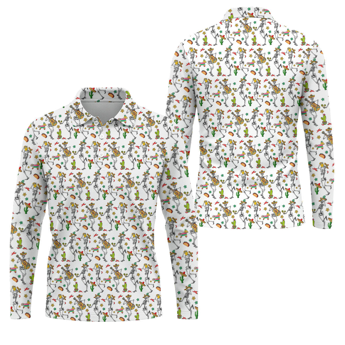 Dia De Muertos Skeletons Cinco De Mayo Celebration Fiesta Themed White Golf Shirts For Men