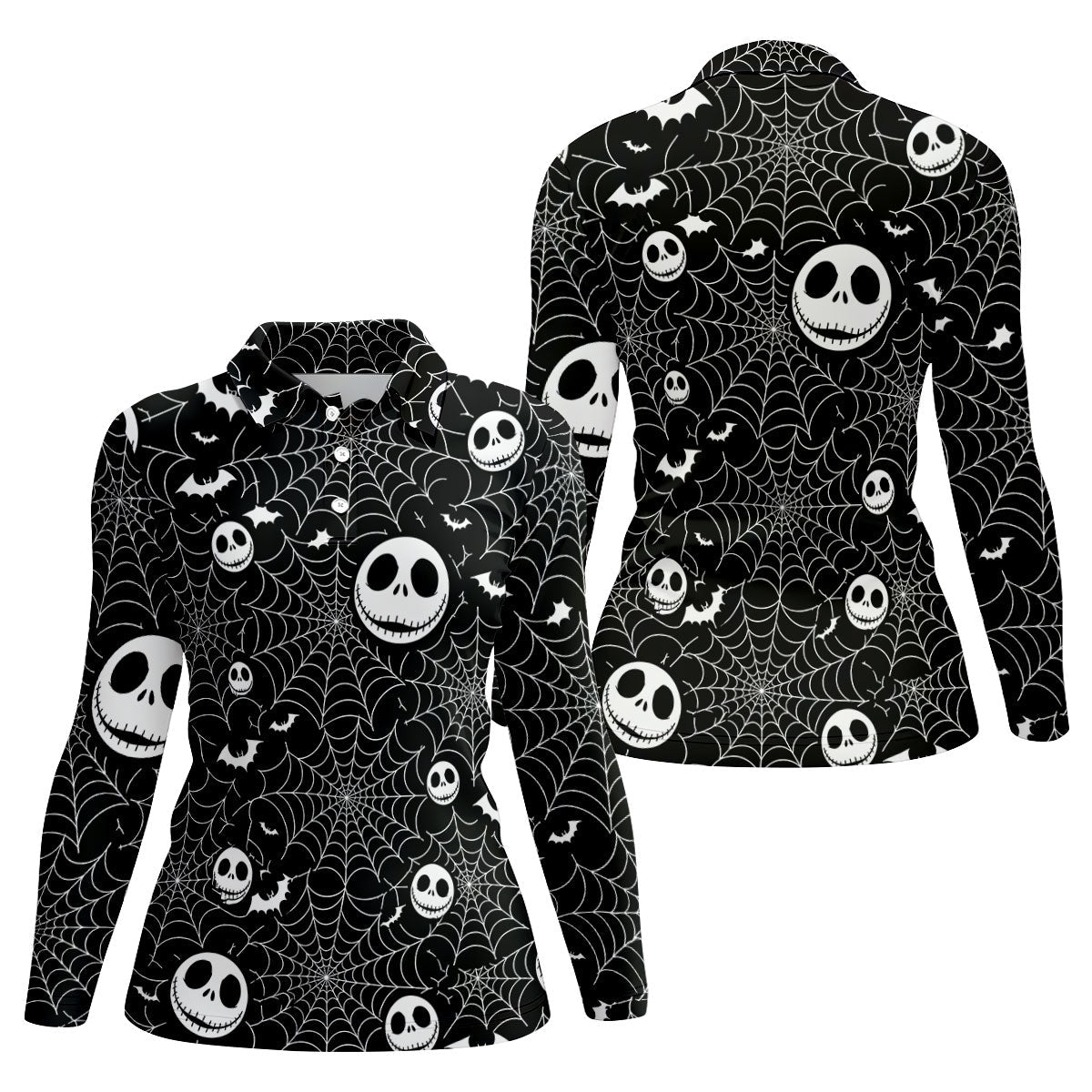 Black Horror Character Spider Web Pattern Golf Polo Shirt, Women's Golf Polo, Ladies Golf Shirts