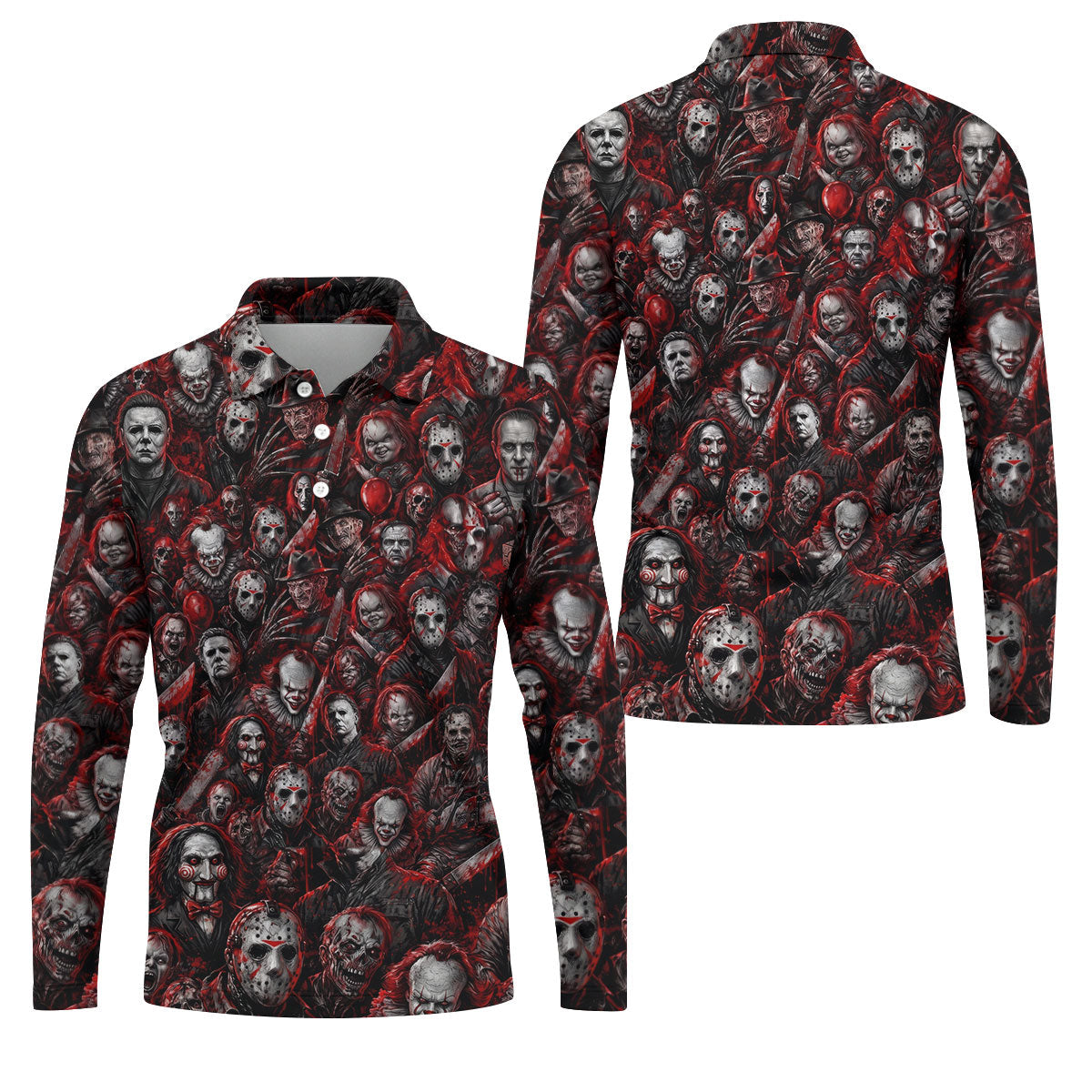 Red Horror Character Clown Collage Golf Polo Shirt, Mens Golf Polo, Printed Golf Shirts