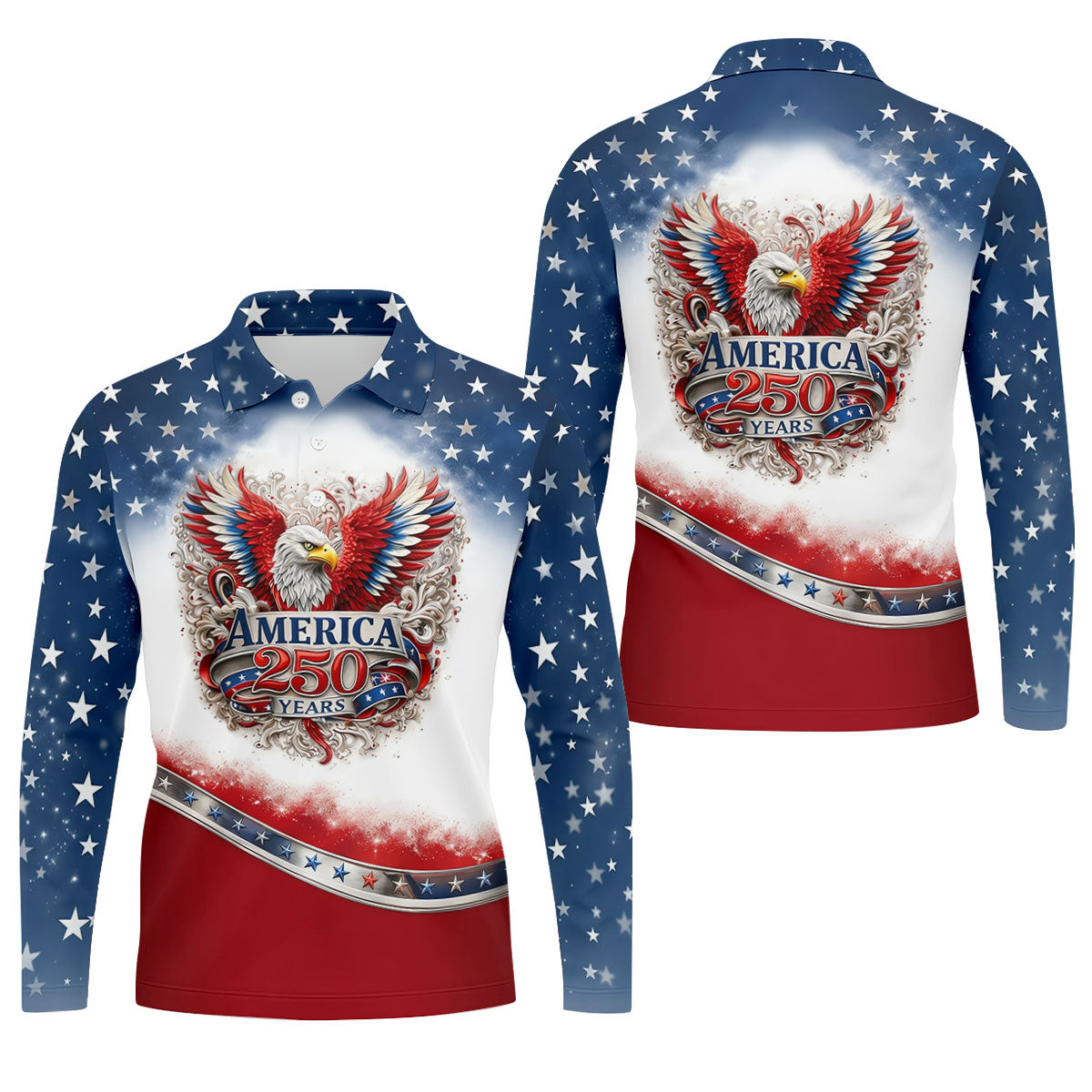 Bald Eagle Red White Blue Patriotic Stars 4th Of July Golf Shirt, 250 Years Golf Shirts For Men