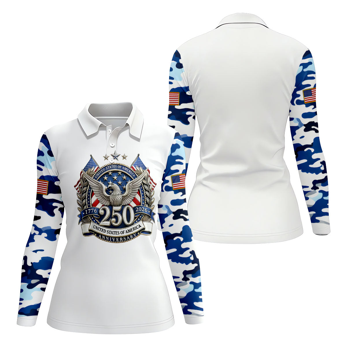 Patriotic Bald Eagle Blue And White Camo White Golf Shirt, 250th Anniversary Women's Golf Shirts