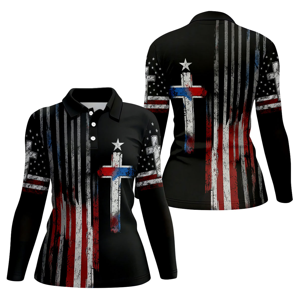 Faith Cross US Flag Golf Shirt, 250 Years Retro Golf Shirt, Patriotic 4th Of July Women's Golf Tops