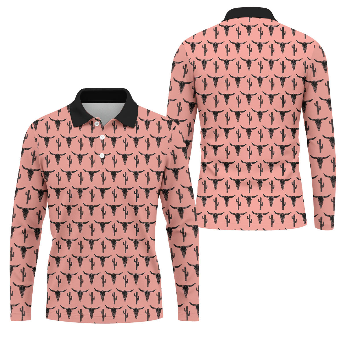 Longhorn Cow Skull Western Theme Peach Pink Golf Tops For Men, Polo Shirts For Men, Golf Shirts For Men