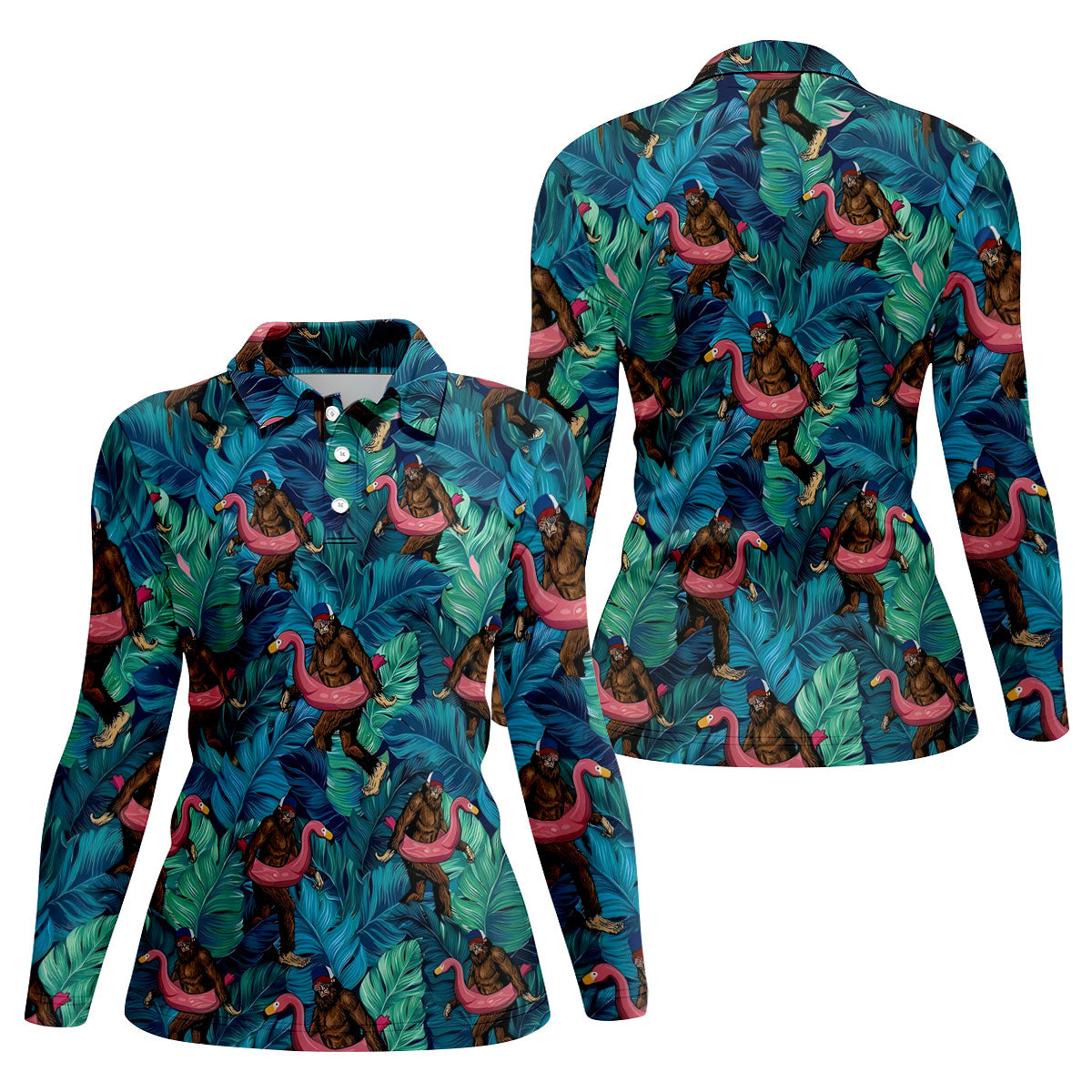 Bigfoot Flamingo Float Tropical Golf Polo Shirt, Golf Shirts For Women, Ladies Golf Tops