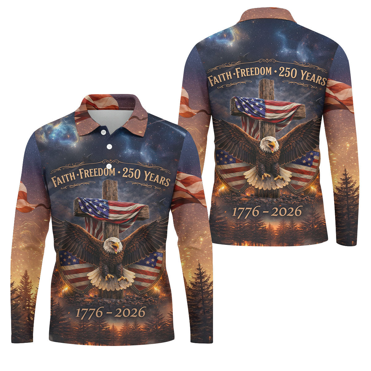 Faith Freedom 250 Years Galaxy Pattern US Flag Golf Shirt, Patriotic 4th Of July Golf Shirts For Men