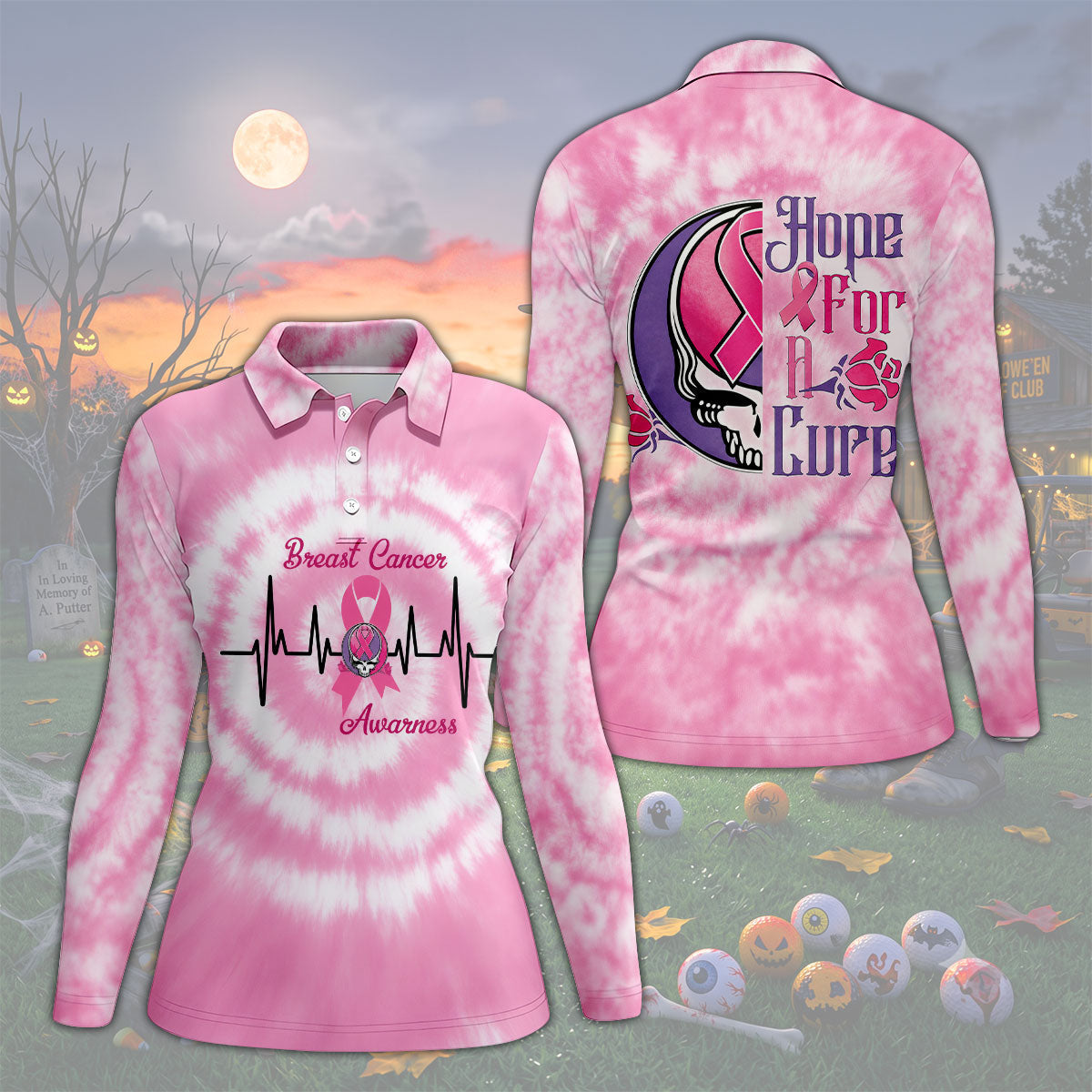 Hope For A Cure Tie Dye Skull Breast Cancer Polo Shirt, Golf Tops For Women, Women’s Golf Apparel