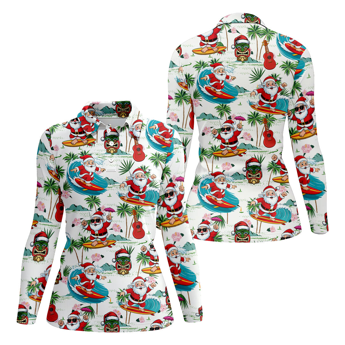 Tropical Christmas Surfing Santa Golf Polo Shirt, Women’s Golf Polo, Golf Tops For Women