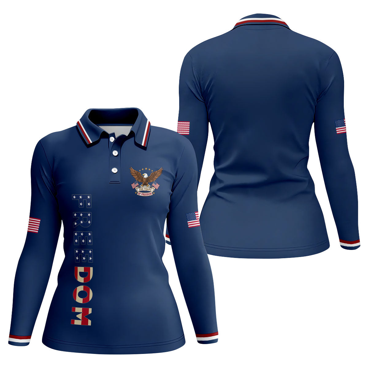250 Years Of Freedom US Flag Logo Navy Golf Shirt, Patriotic 4th Of July Golf Shirt For Women