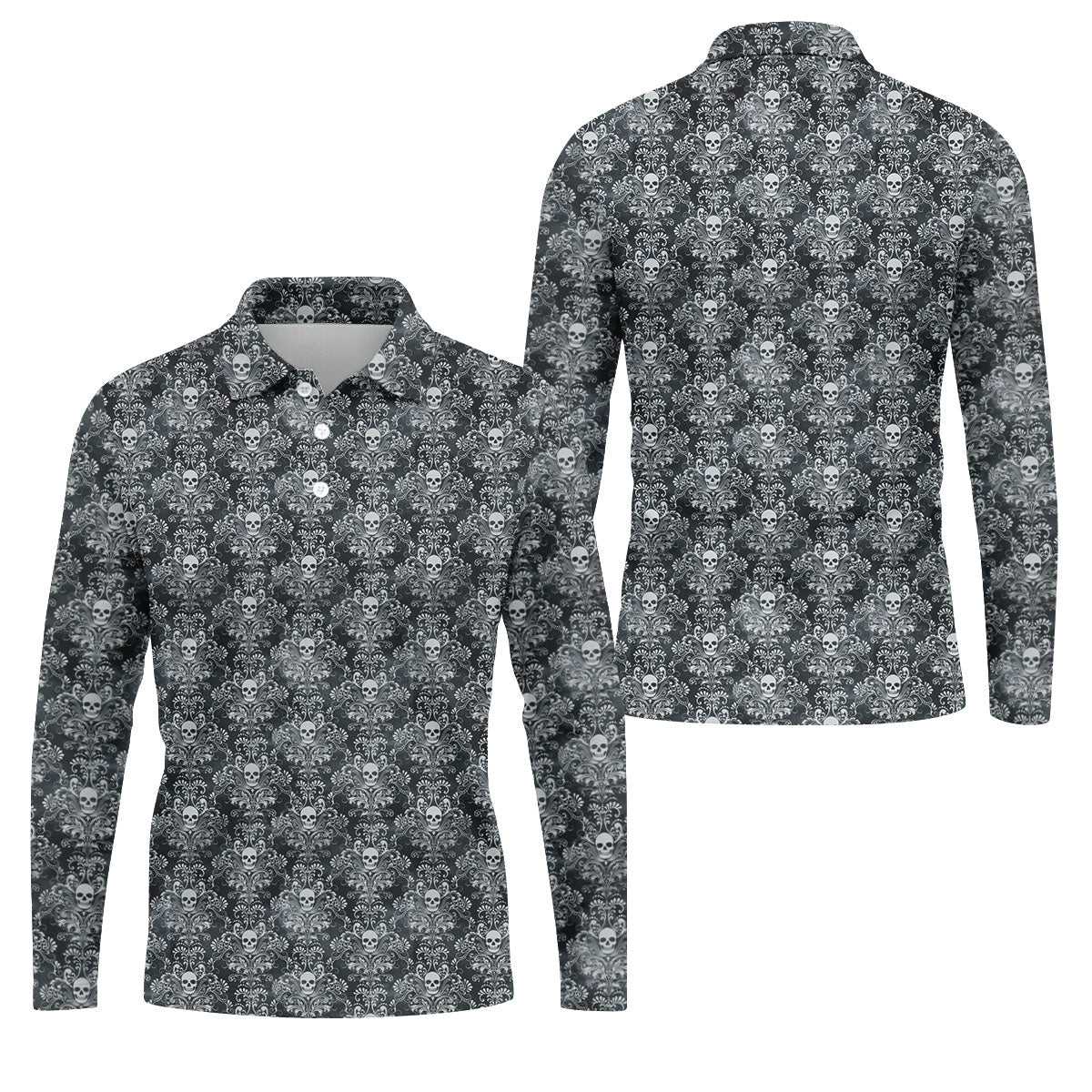 Skull Damask Charcoal Grey Gothic Floral Golf Tops For Men, Polo Shirts For Men, Golf Shirts For Men
