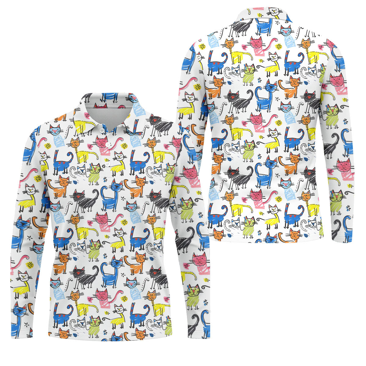 Cartoon Cat Golf Shirt, Colorful Doodle Cat Pattern, Polo Shirts For Men