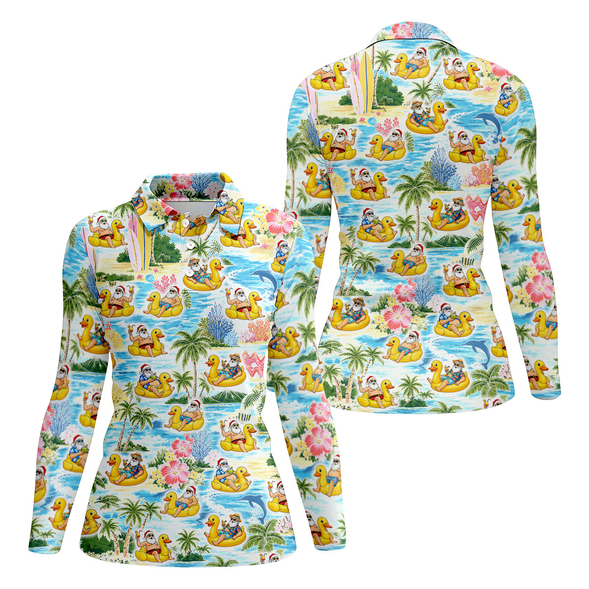 Funny Santa Duck Float Tropical Christmas Polo Shirt, Womens Golf Polo, Hawaiian Golf Shirt