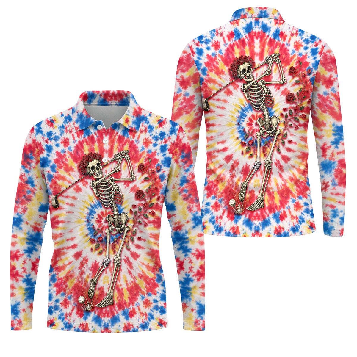 Skeleton Golfer Tie Dye Polo Shirt, Golf Apparel For Men, Golf Polo Shirts For Men