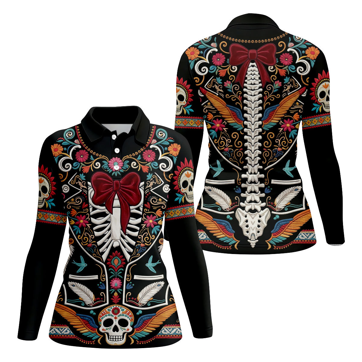Skeleton With Flower Cinco De Mayo Celebration Ladies Golf Tops, Fiesta Theme Golf Shirt For Women