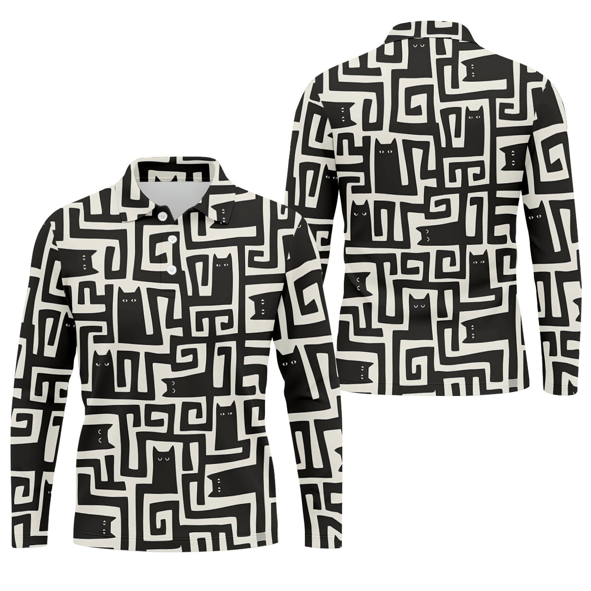 Minimalist Black Cat Maze Pattern Golf Polo Shirt, Men's Golf Shirt, Printed Golf Shirts