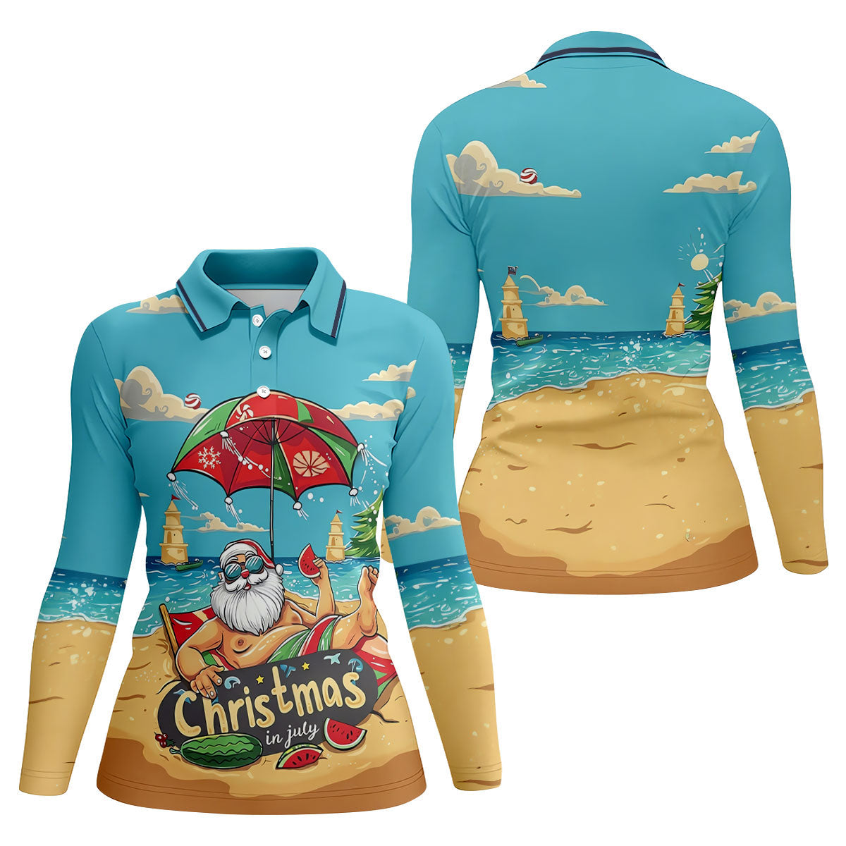 Christmas In July Santa Beach Christmas Golf Shirt, Women's Golf Tops, Hawaiian Golf Shirt, Printed Golf Shirt