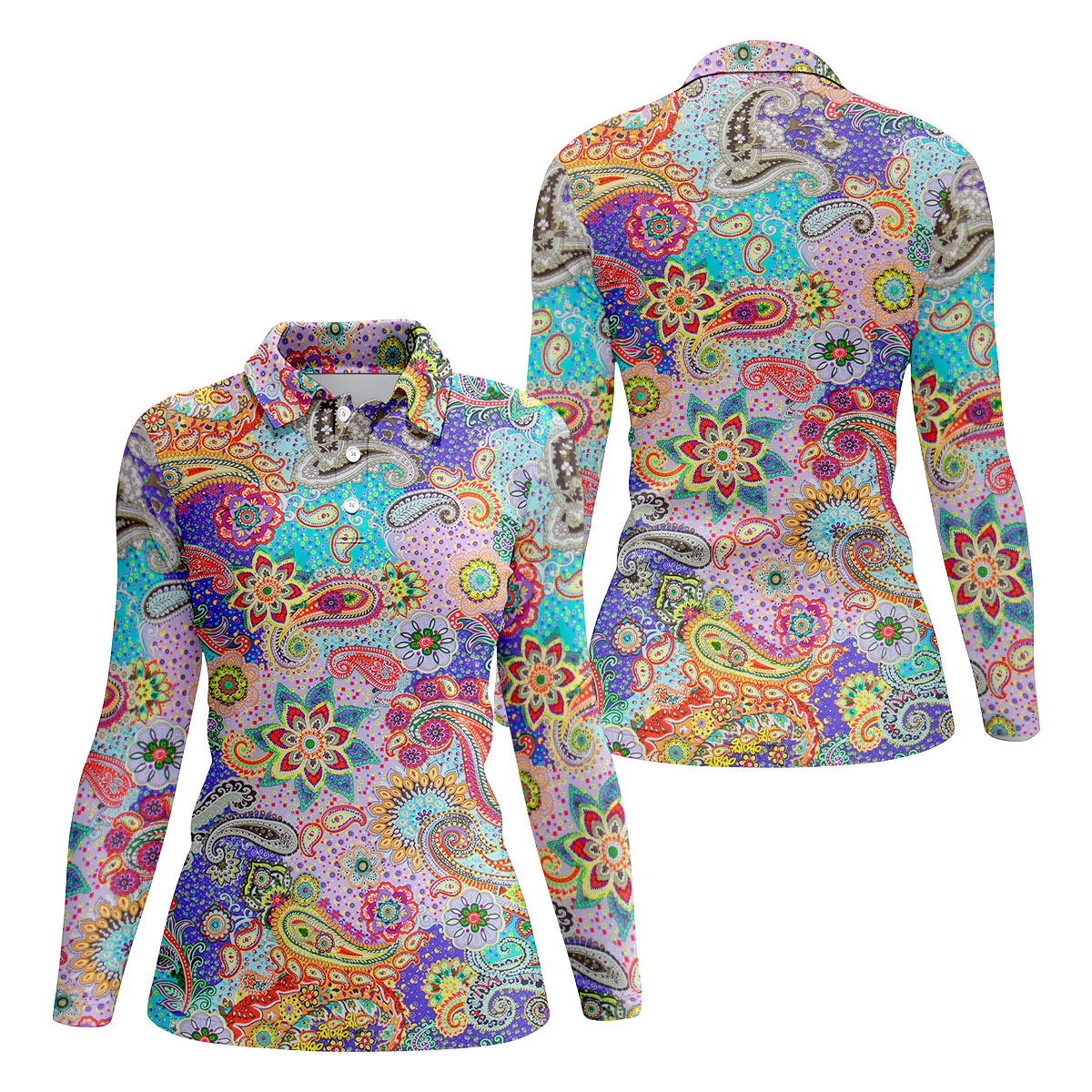 Vibrant Paisley Floral Patchwork Golf Polo Shirt, Ladies Golf Shirt, Golf Tops For Women