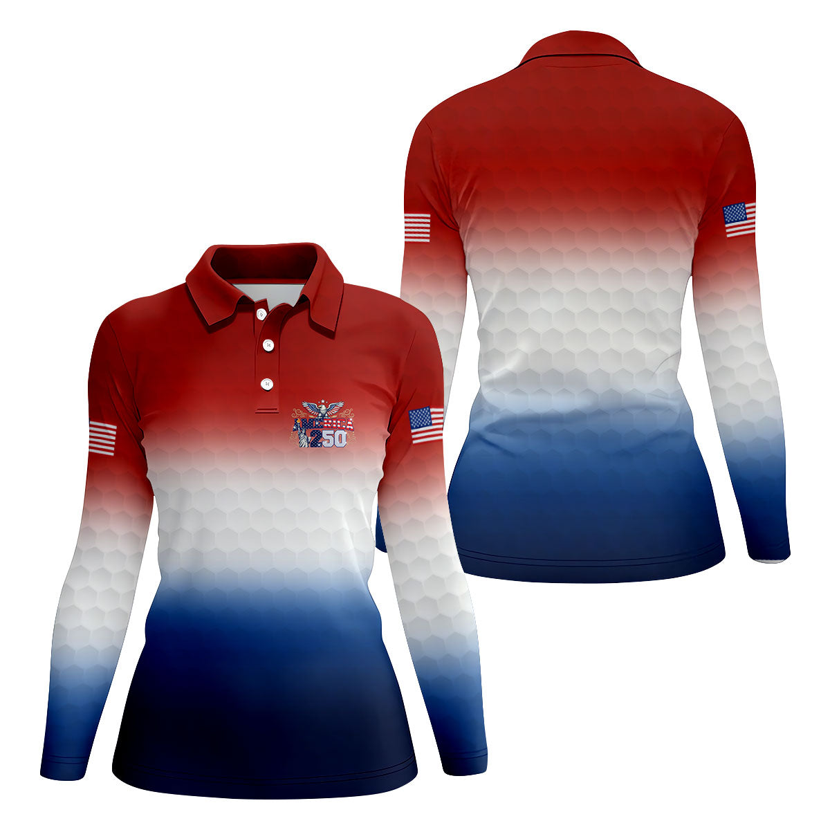America 250 Red White Blue Golf Ball Pattern US Flag Golf Shirt, Patriotic 4th Of July Golf Shirt For Women