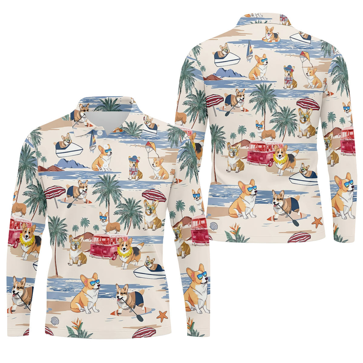 Cute Corgi Beach Vacation Tropical Golf Polo Shirt, Hawaiian Golf Shirt, Golf Shirts For Men