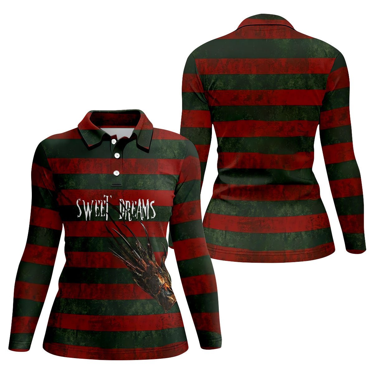 Sweet Dreams Horror Striped Golf Polo Shirt, Women’s Golf Polo, Printed Golf Shirt