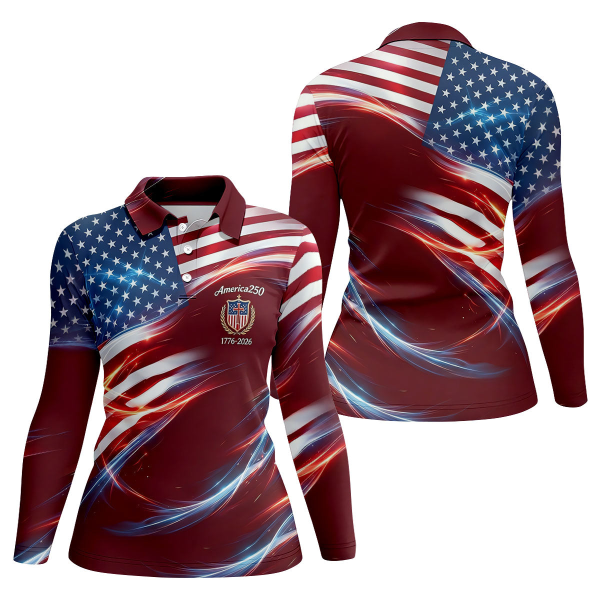 America 250 Light Effect American Flag Golf Shirt, Patriotic 4th Of July Golf Shirt For Women