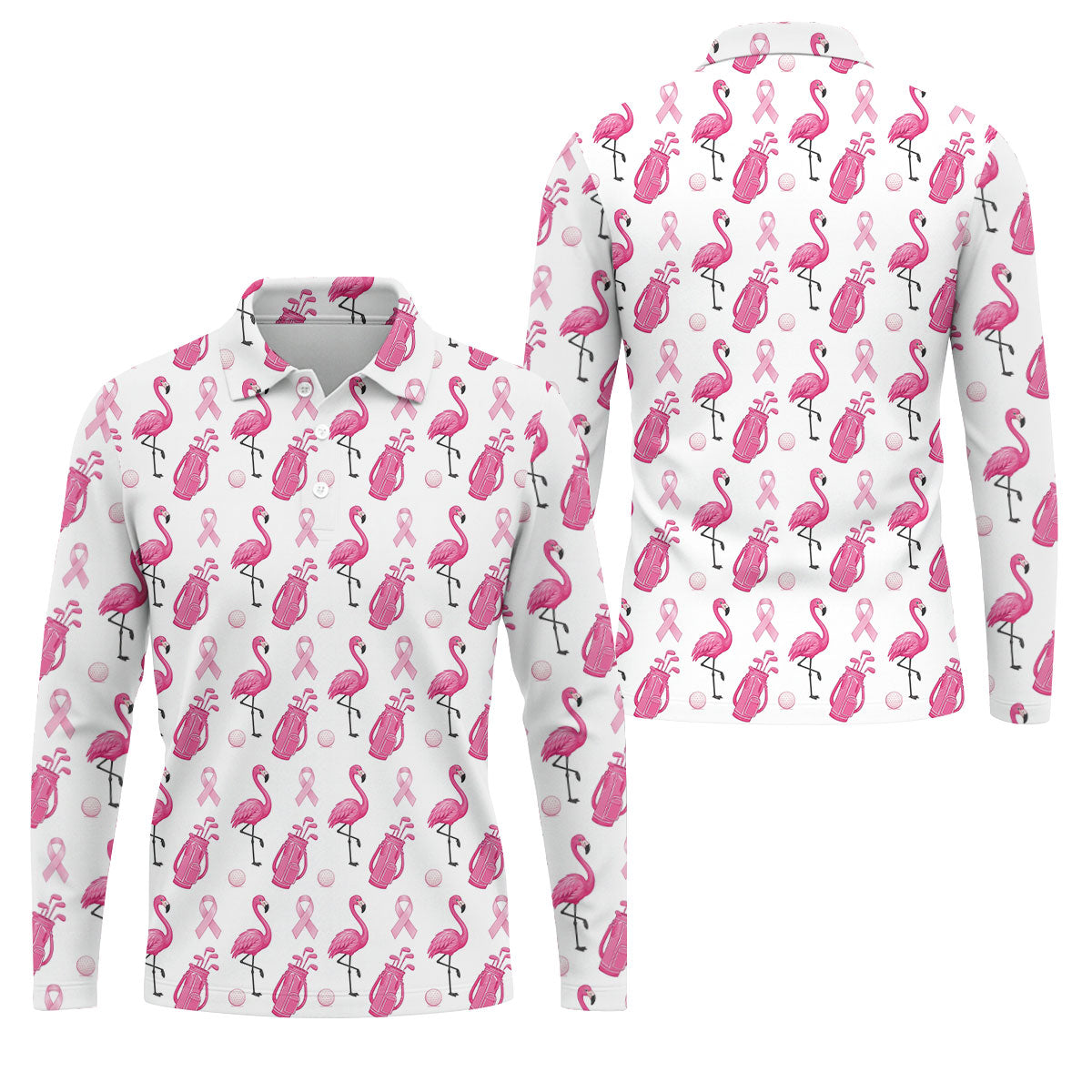 Pink Flamingo Golf Bag Breast Cancer Polo Shirt, Men's Golf Shirt, Printed Golf Shirts