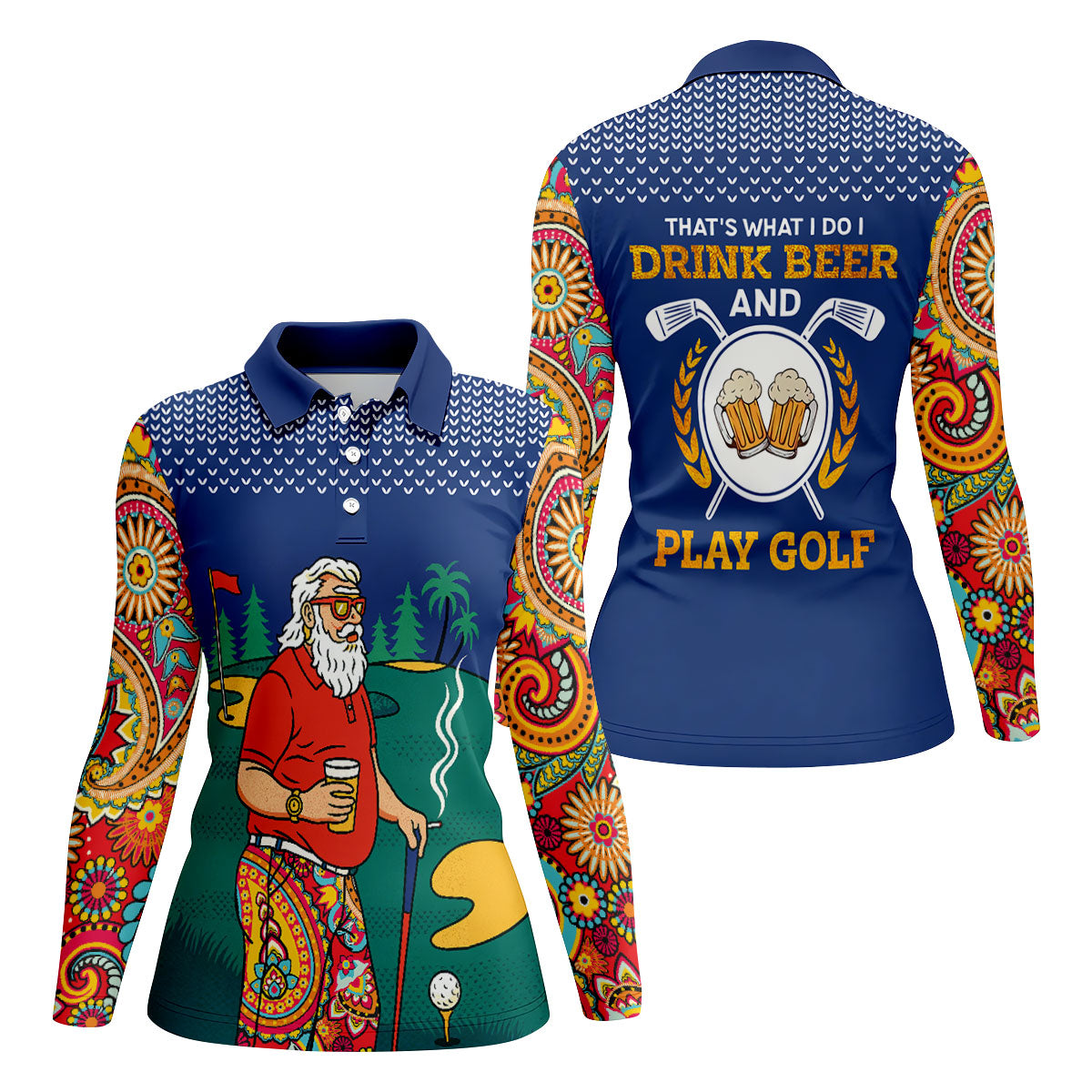 Funny Bearded Golfer With Paisley Pants Golf Polo Shirt, Ladies Golf Shirts, Women’s Golf Apparel