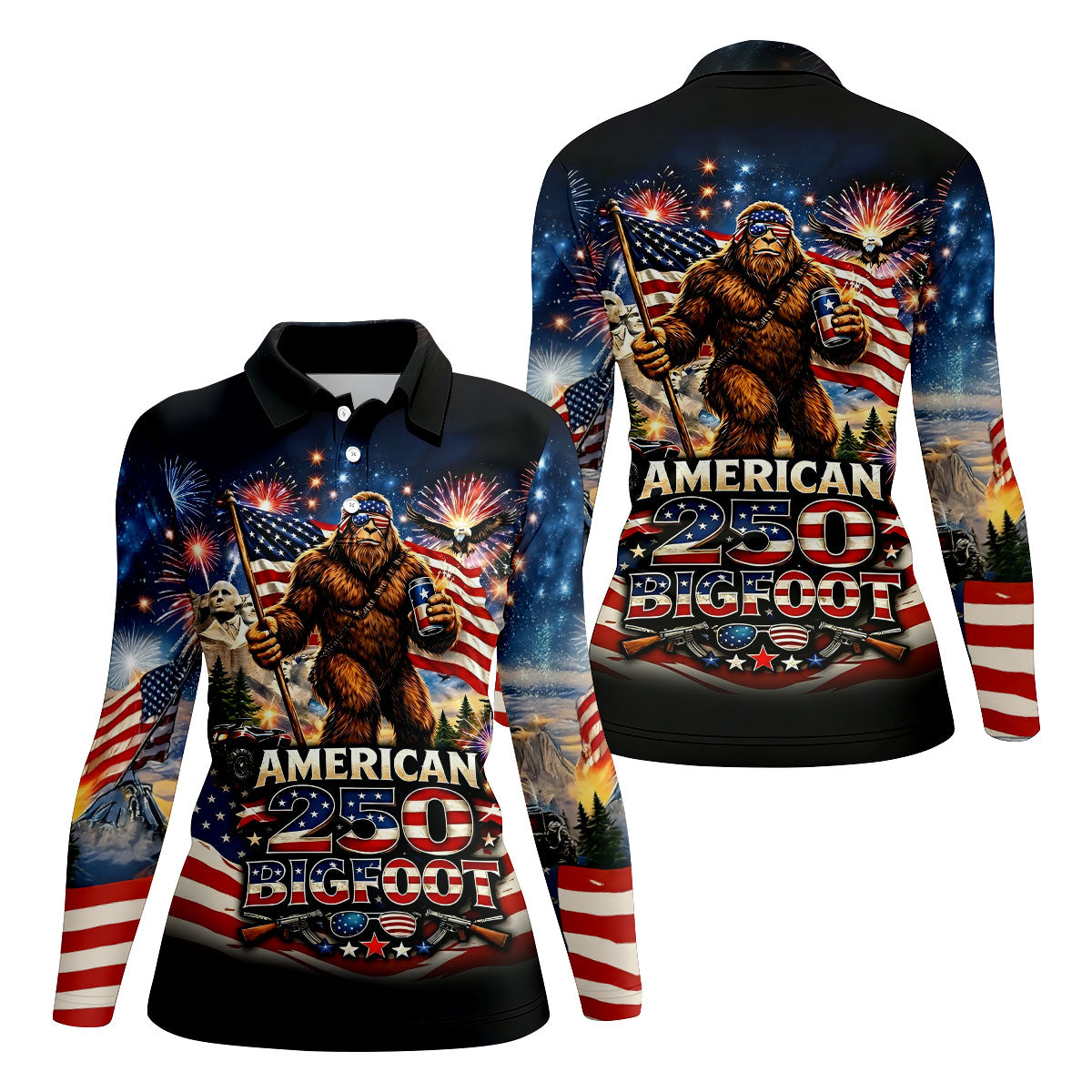 American 250 US Flag Pattern Bigfoot Golf Shirt, Patriotic 4th Of July Golf Shirt For Women