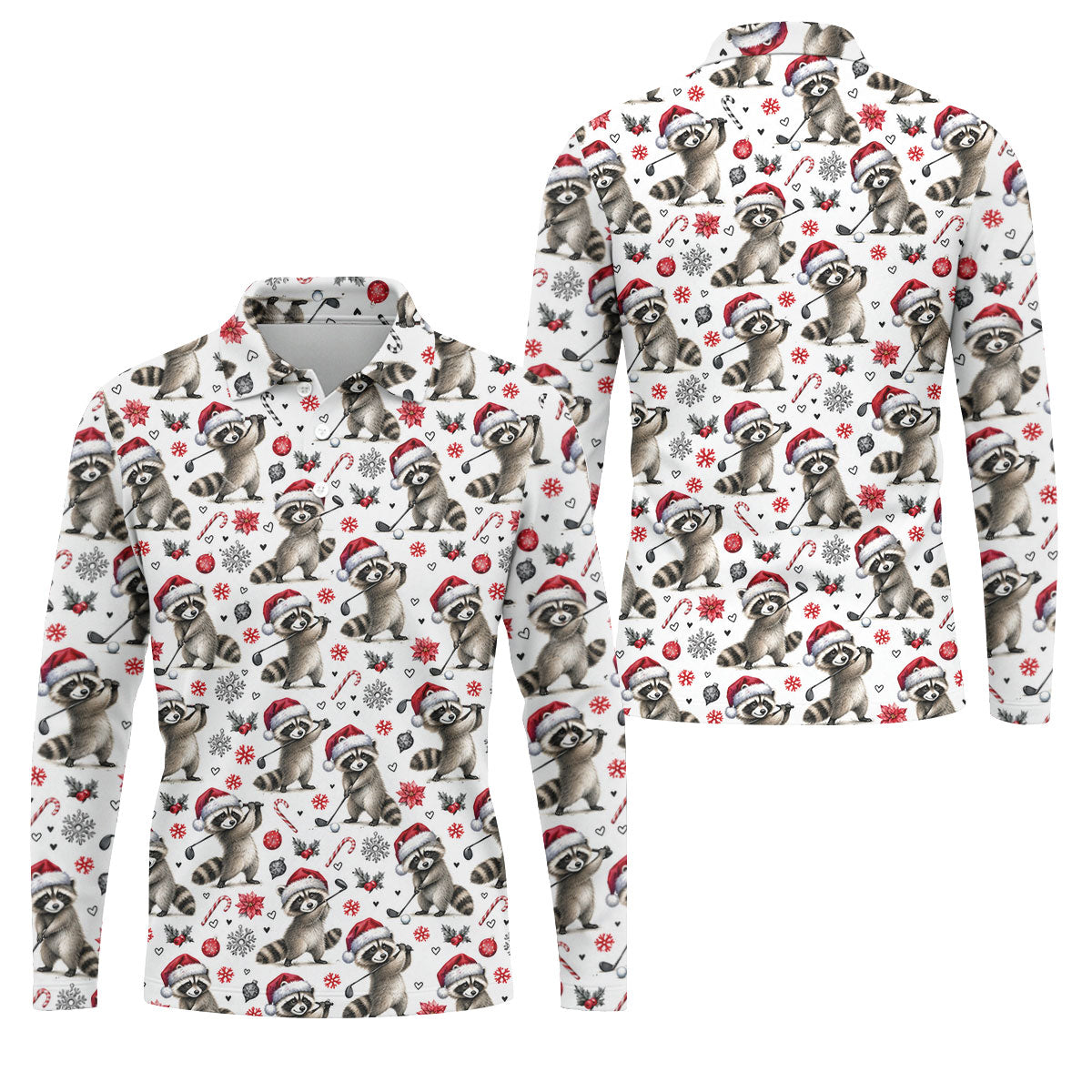 Christmas Raccoon Golfer Santa Hat Golf Polo Shirt, Mens Golf Shirts, Polo Shirts For Men