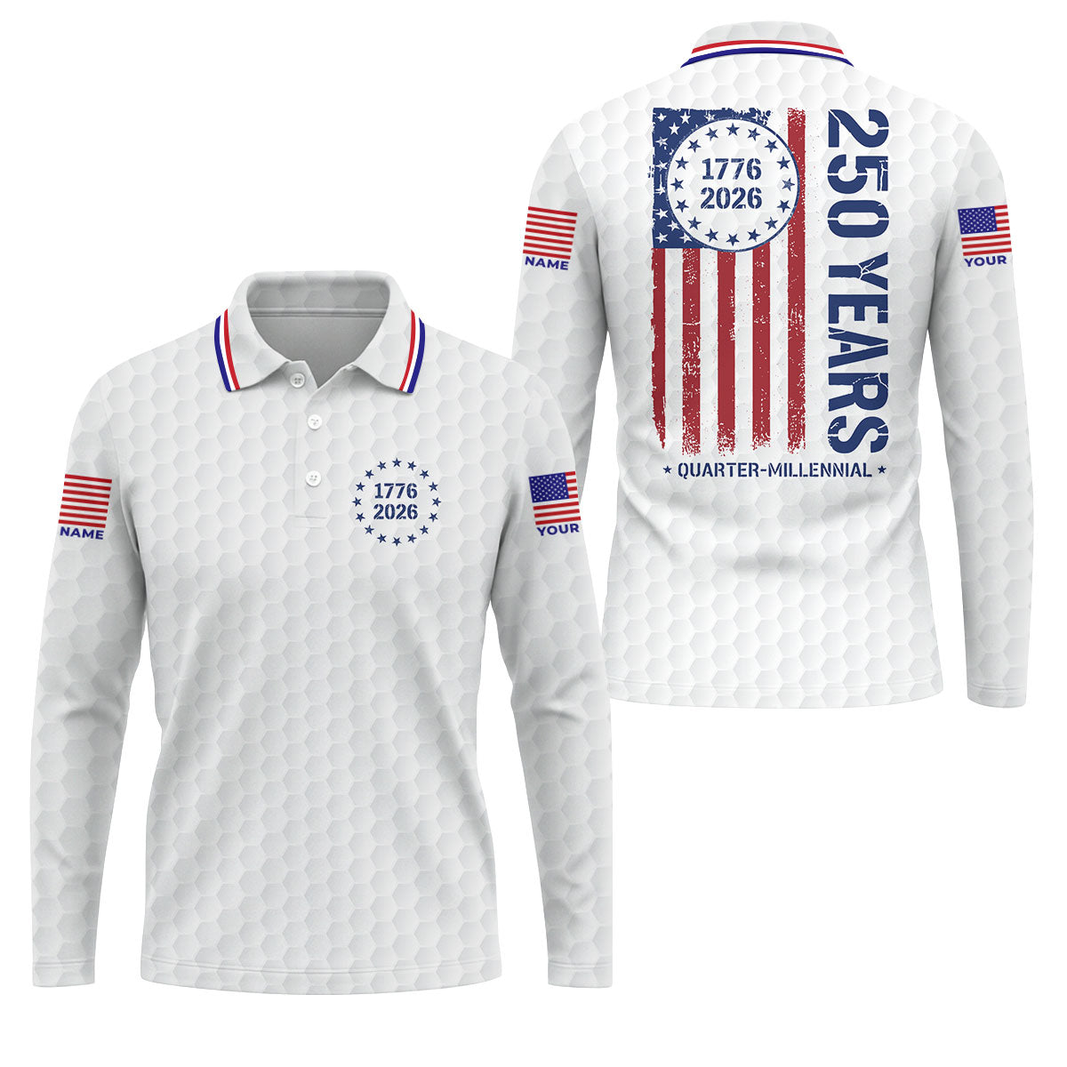 250 Years Quarter Millennnial Golf Ball Pattern White Patriotic Golf Shirt, 4th Of July Golf Shirts For Men