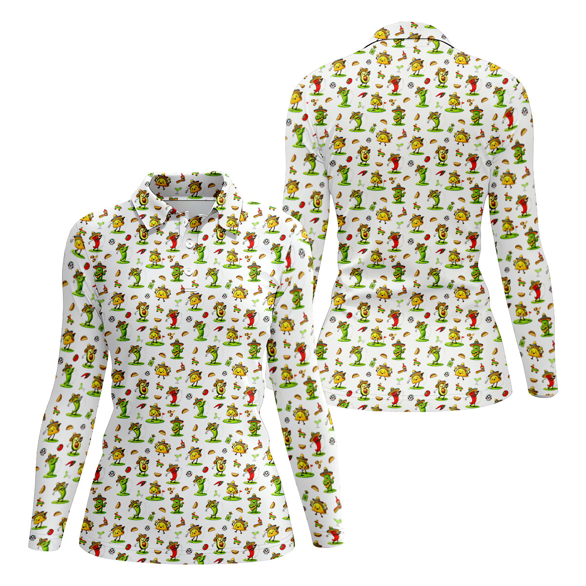 Mexican Cartoon Food Characters Cinco De Mayo Celebration Fiesta Themed White Golf Shirt For Women