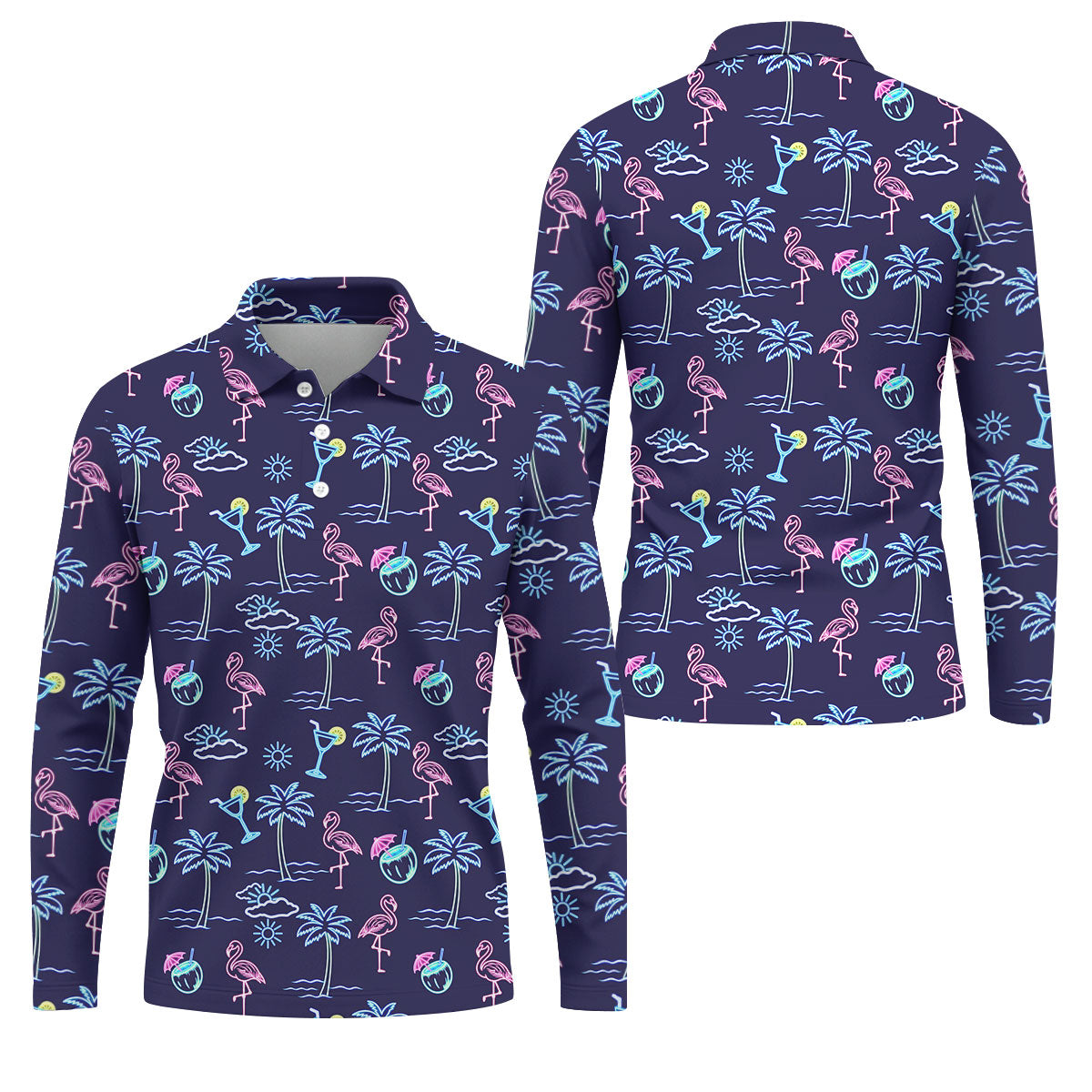 Neon Line Tropical Flamingo Hawaiian Golf Shirt, Polo Shirts For Men, Golfing Apparel