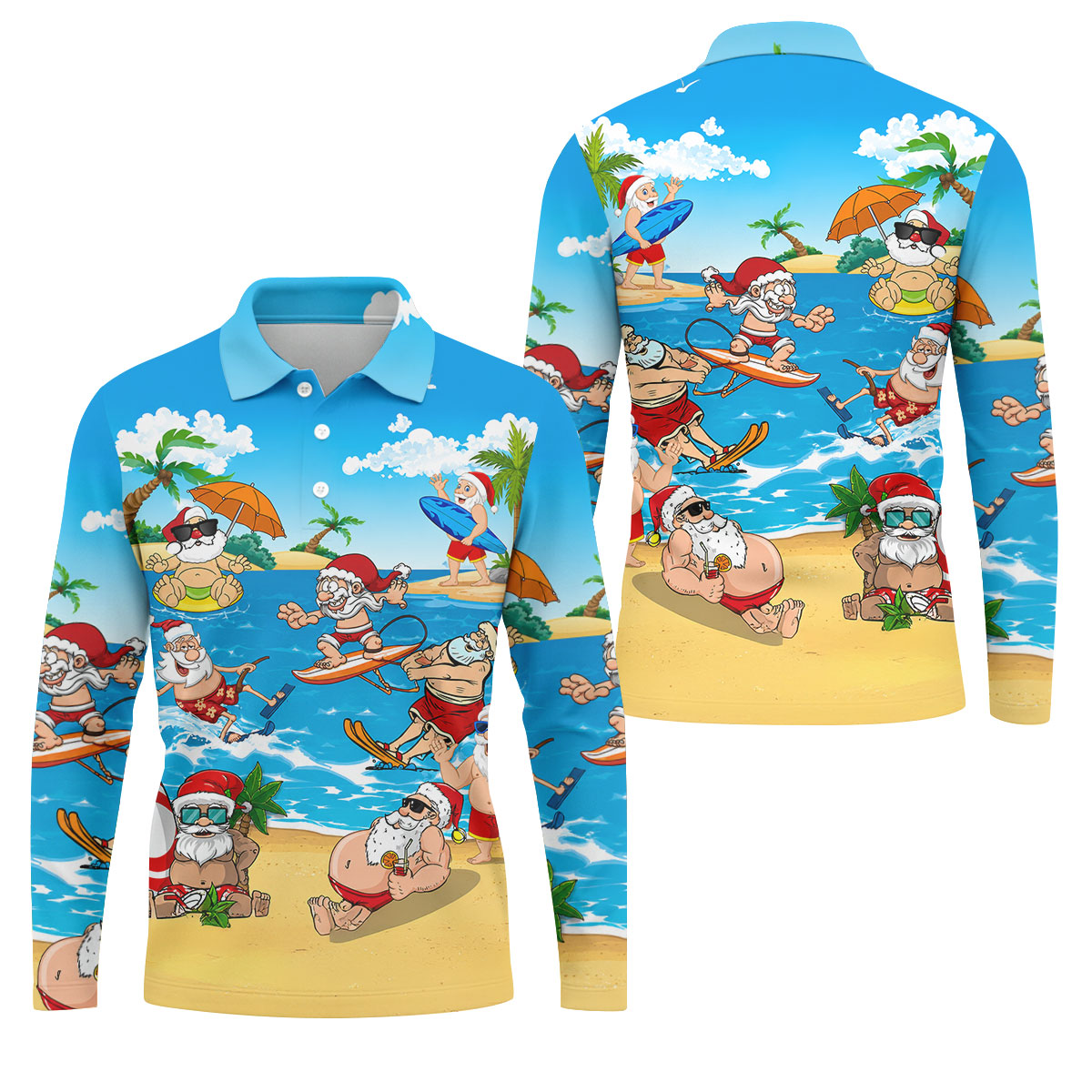 Santa Claus Surfing Summer Beach Party Golf Shirt, Xmas In July Mens Golf Polo, Christmas Golf Shirts