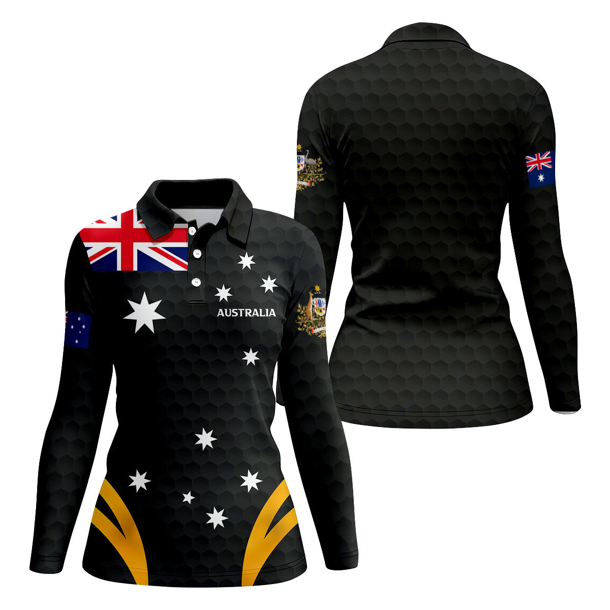 Australia Flag Print Golf Ball Pattern Black Golf Shirt, Australian Symbol Golf Shirt For Women