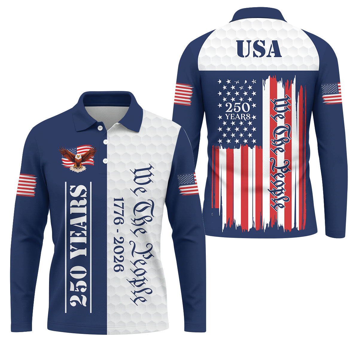 We The People Bald Eagle US Flag Golf Ball Pattern 250 Years Patriotic 4th Of July Golf Shirts For Men
