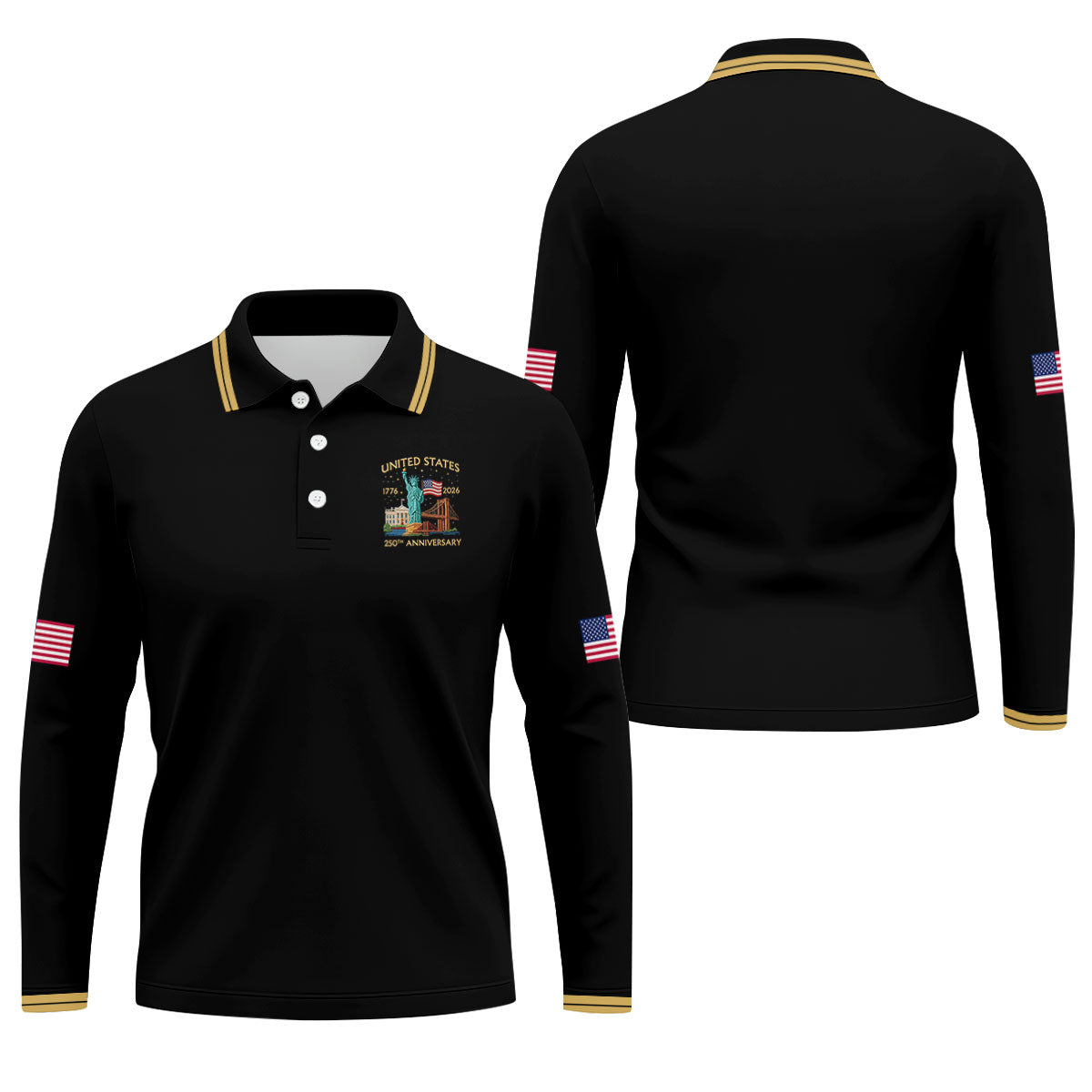 American Symbols Black Patriotic Golf Shirt, US 250 Years 4th Of July Golf Shirts For Men