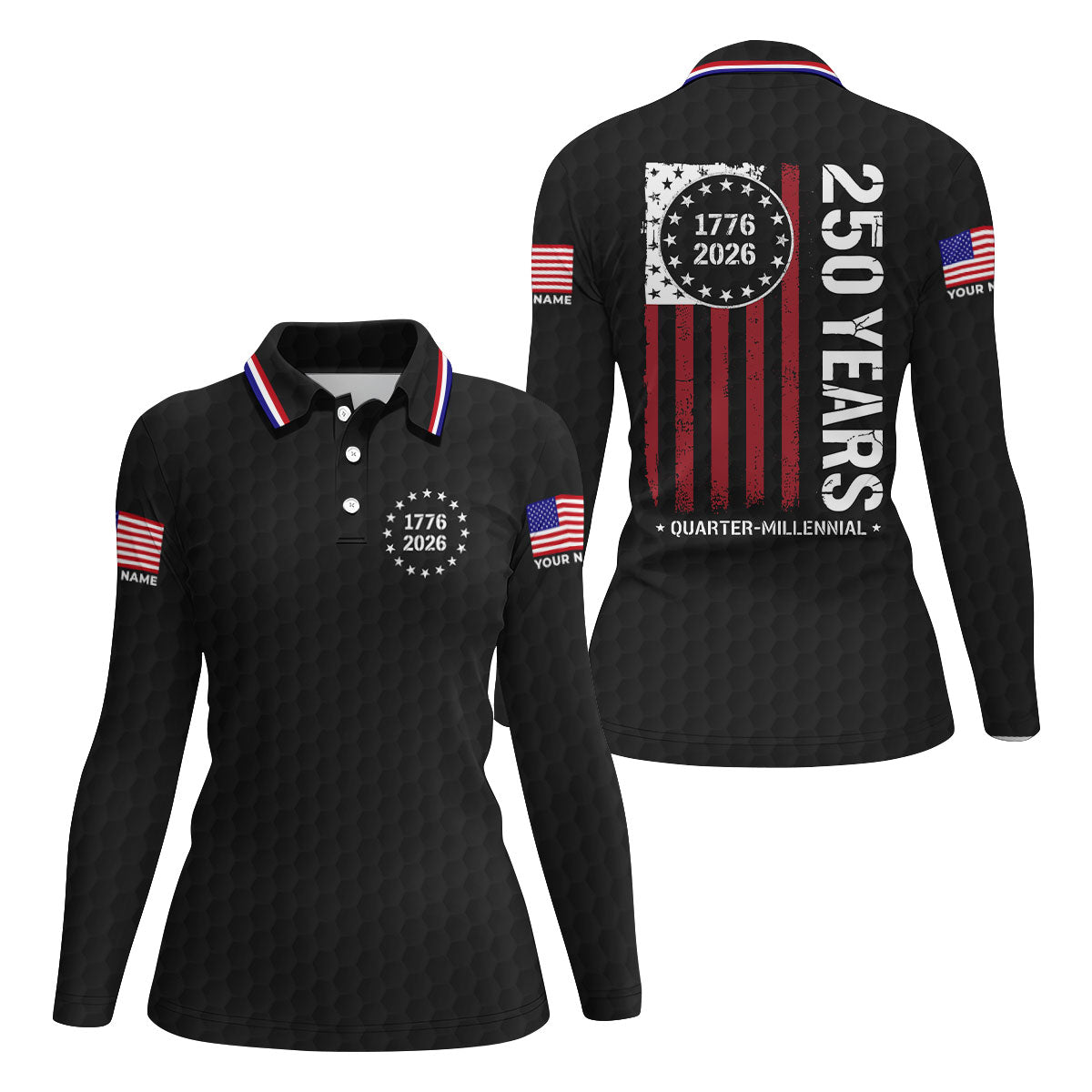 250 Years Quarter Millennnial Golf Ball Pattern Black Patriotic Golf Shirt, 4th Of July Golf Shirt For Women