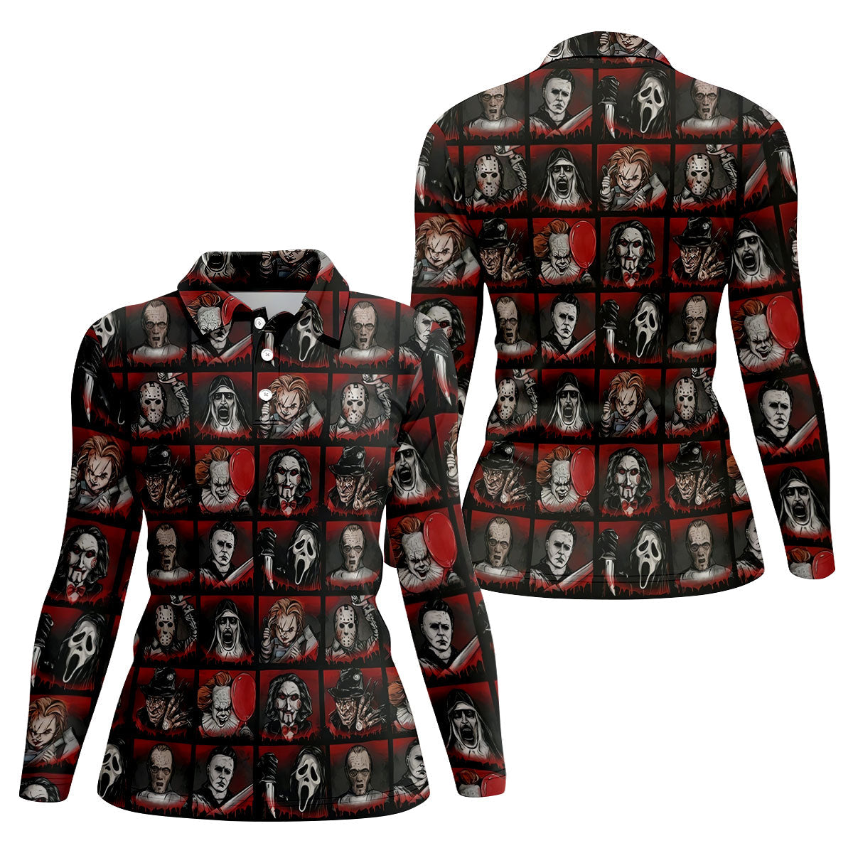 Horror Character Grid Halloween Golf Shirt, Ladies Golf Shirts, Women’s Golf Apparel