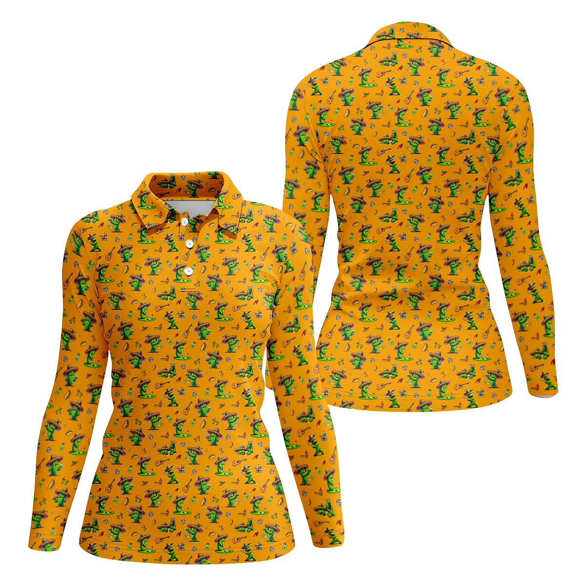 Cartoon Mustach Funny Cactus Cinco De Mayo Celebration Fiesta Themed Orange Golf Shirt For Women