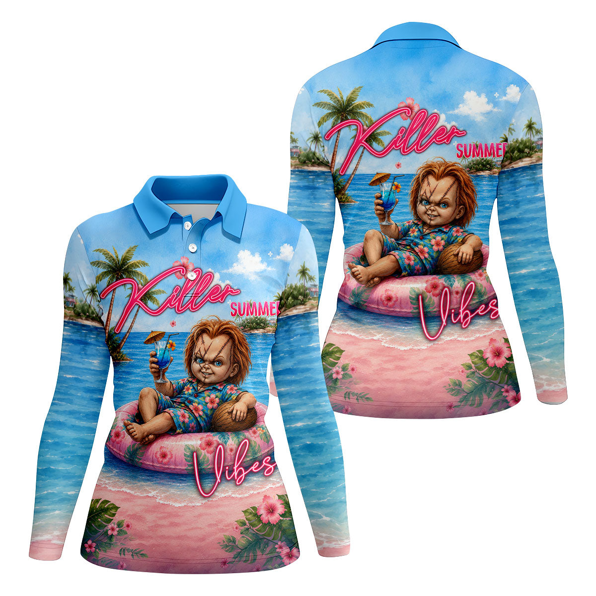 Killer Summer Vibes Evil Doll Golf Polo Shirt, Ladies Golf Shirts, Golf Polo For Women