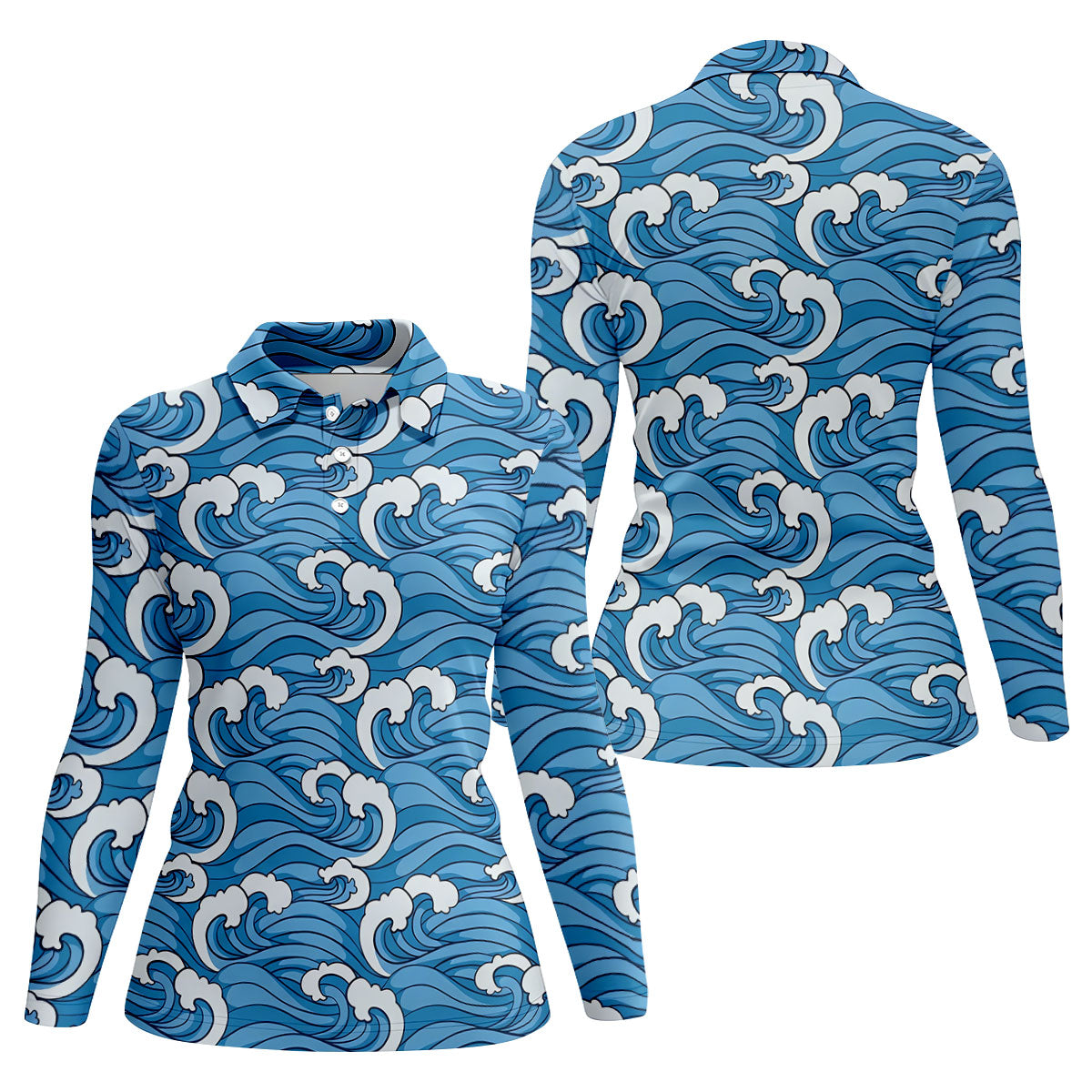 Japanese Wave Golf Shirt, Ocean Wave Pattern Women's Golf Polo, Polo Shirts For Women