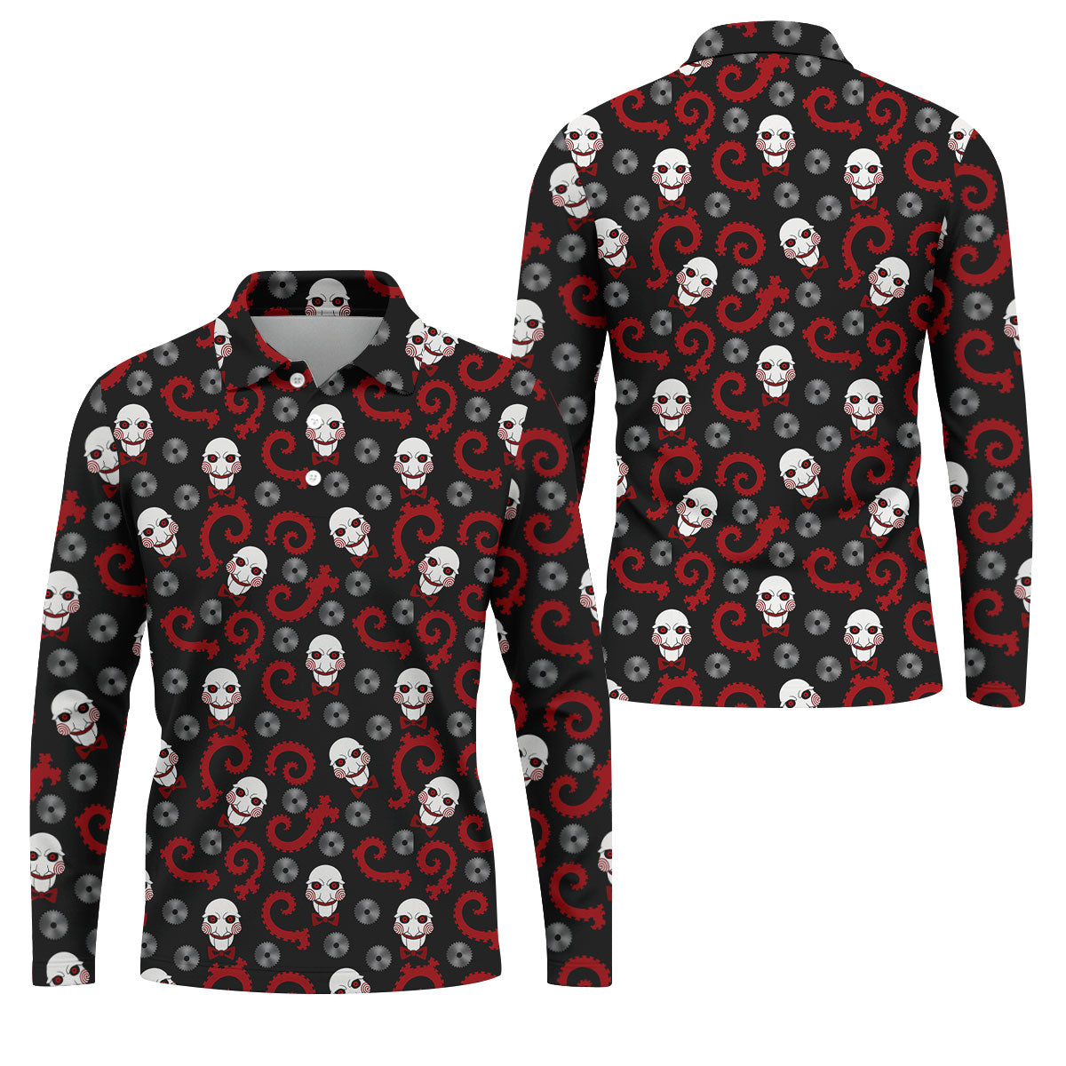 Creepy Puppet Spiral Halloween Golf Polo Shirt, Horror Character Shirt, Mens Golf Polo